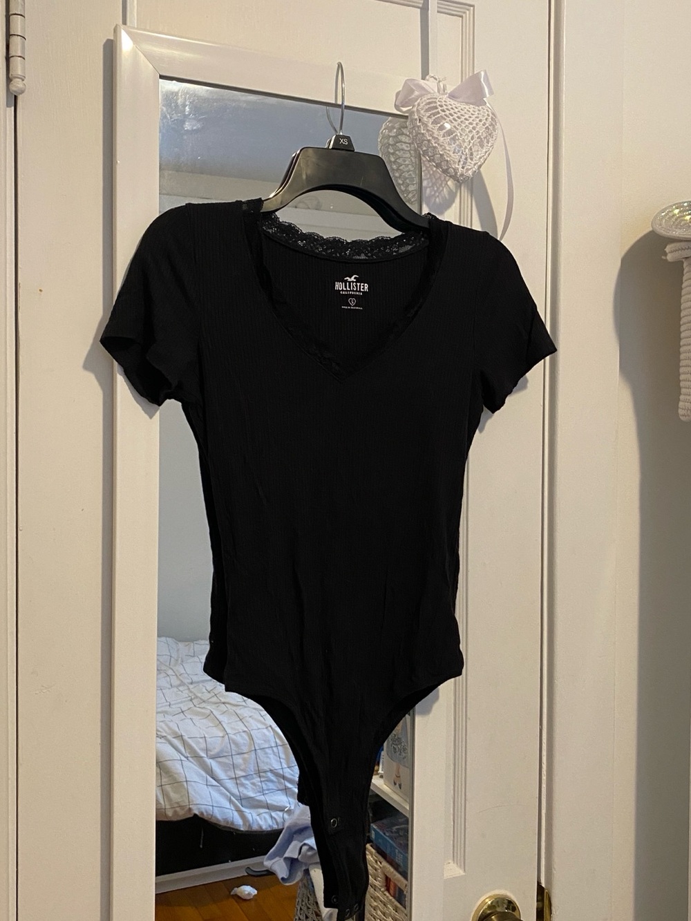 Hollister Black V-Neck Lace-Trim Short Sleeve Bodysuit